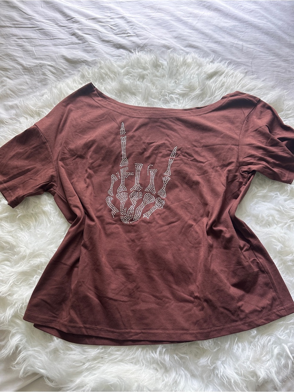 Women's Brown Rhinestone Skeleton Hand Tee